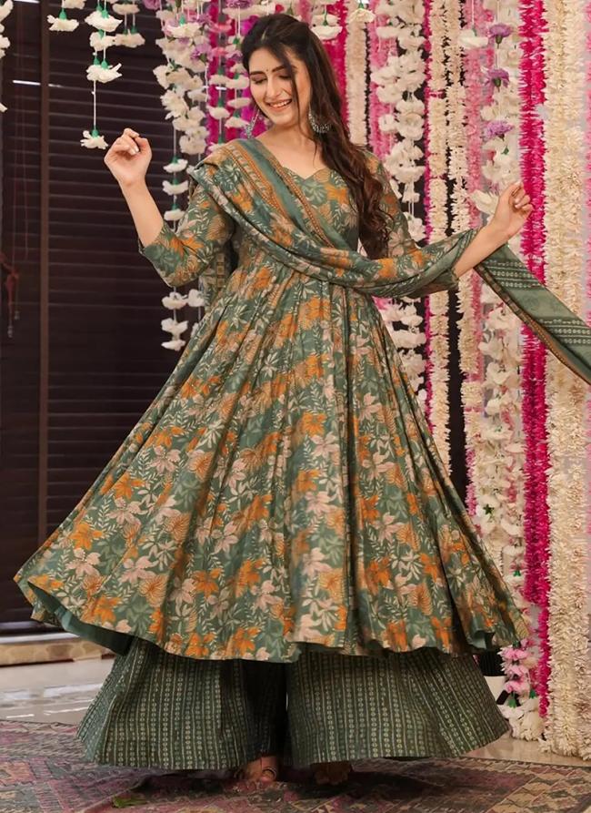 Pure Muslin Grey Festival Wear Printed Readymade Anarkali Suit